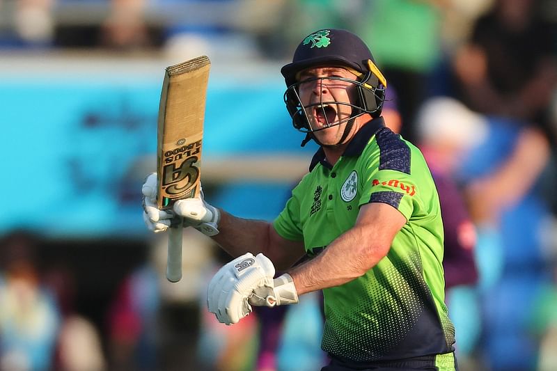 Ireland's Curtis Campher celebrates winning a ICC men’s Twenty20 World Cup 2022 match against Scotland at Bellerive Oval in Hobart on 19 October, 2022