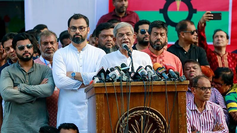 BNP secretary general Mirza Fakhrul Islam Alamgir addresses a rally organised at Naya Paltan central office on 11 August 2022 protesting record hiking of fuel oil, ongoing load shedding and killing two leaders of BNP in Bhola