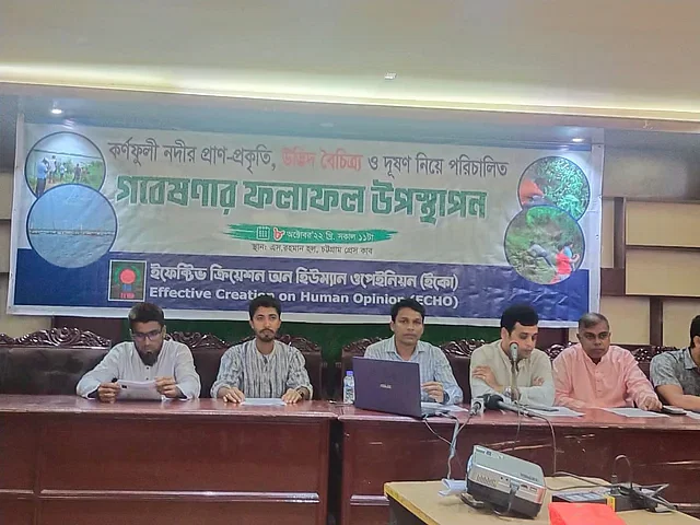 Non-government organisation Effective Creation on Human Opinion (ECHO) holds a press conference to reveal the results a research survey on Karnaphuly river  at Chattogram Press Club on Satuday.