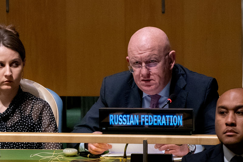 Russian Ambassador to the U.N. Vassily Nebenzia addresses members of the general assembly prior to a vote on a resolution condemning the annexation of parts of Ukraine by Russia, amid Russia’s invasion of Ukraine, at the United Nations Headquarters in New York City, New York, U.S., on 12 October, 2022