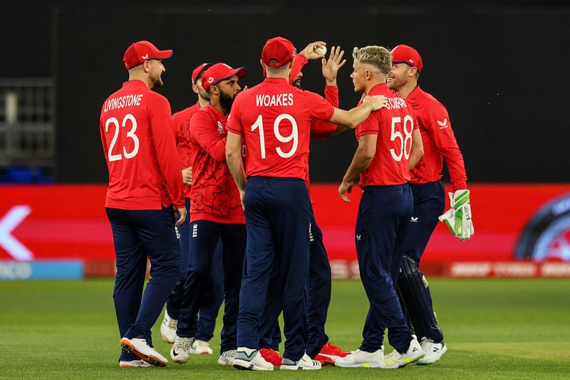 England players celebrate the dismissal of Ibrahim Zadran of Afghanistan during the ICC men’s Twenty20 World Cup 2022 cricket match between England and Afghanistan at Perth Stadium on 22 October, 2022