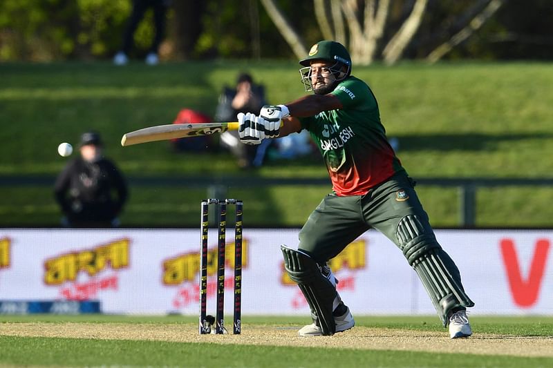 Bangladesh's Yasir Ali plays a shot during the first cricket match between Pakistan and Bangladesh in the Twenty20 tri-series at Hagley Oval in Christchurch on 7 October, 2022