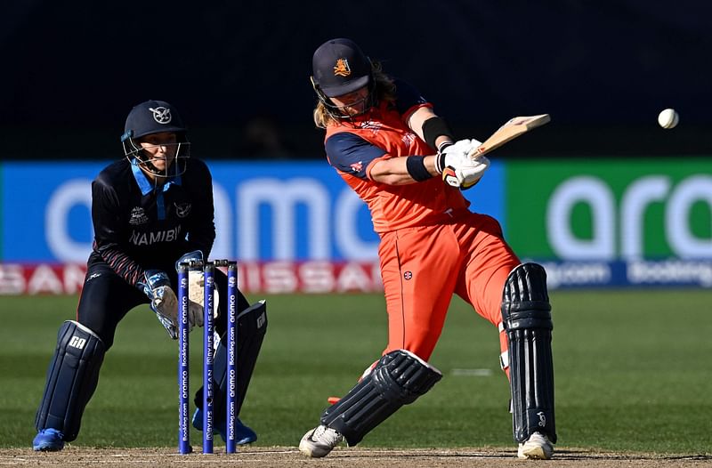 Netherlands' Max O'Dowd plays a shot over the boundary line for six runs during the ICC men’s Twenty20 World Cup 2022 cricket match between Namibia and Netherlands at Kardinia Park in Geelong on 18 October, 2022.