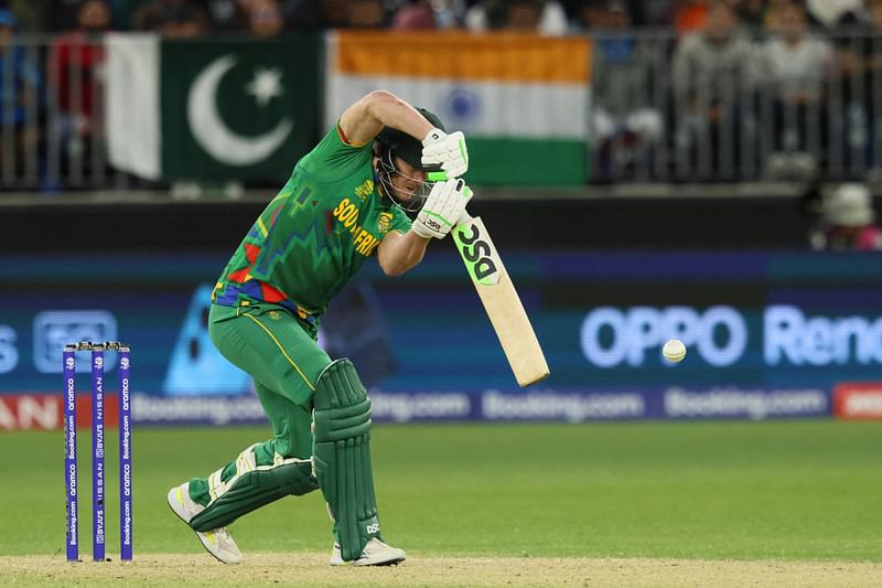 South Africa's David Miller plays a shot during the ICC men's Twenty20 World Cup 2022 cricket match between India and South Africa at the Perth Stadium in Perth on 30 October, 2022.