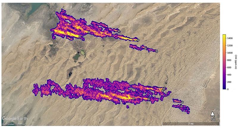 This handout satelliste image courtesy of NASA/JPL-Caltech shows a methane plume at least 3 miles (4.8 kiloemtres) long billows into the atmosphere detected by NASA's Earth Surface Mineral Dust Source Investigation mission, coming from a major landfill, where methane is a byproduct of decomposition, south of Tehran, Iran.