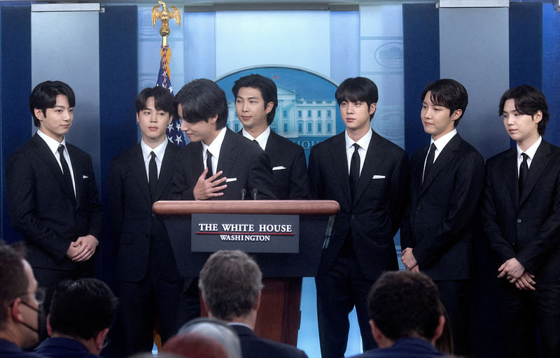 Members of the K-Pop band BTS (not in order) Kim Taehyung, Kim Seokjin, Jeon Jeongguk, Kim Namjoon, Park Jimin, Jung Hoseok and Min Yoon-gi at the White House in Washington, US, May 31, 2022