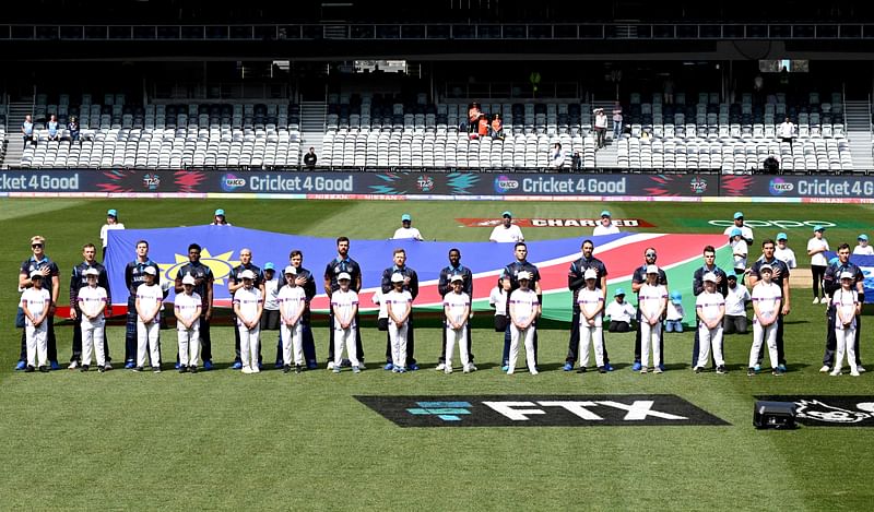 Team Namibia line up for the national anthems during the ICC men’s Twenty20 World Cup 2022 cricket match between Namibia and Netherlands at Kardinia Park in Geelong on 18 October, 2022