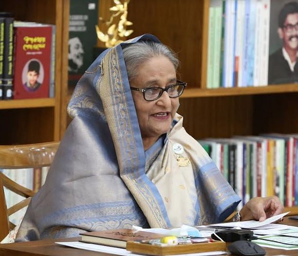 Prime minister Sheikh Hasina virtually speaks at the inaugural event of several development schemes at the Payra seaport on October 27, 2022.