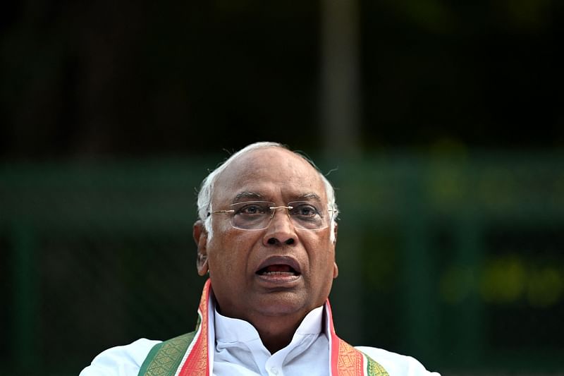 India's Congress party newly appointed president Mallikarjun Kharge addresses a press conference in New Delhi on 19 October 2022.