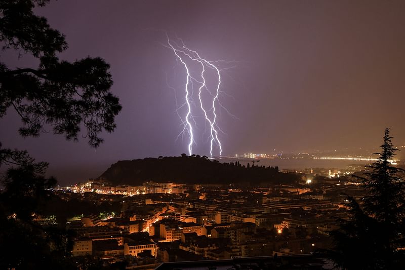 Lightning strikes over the French Riviera city of Nice, Southerneast France, on late 30 September, 2022