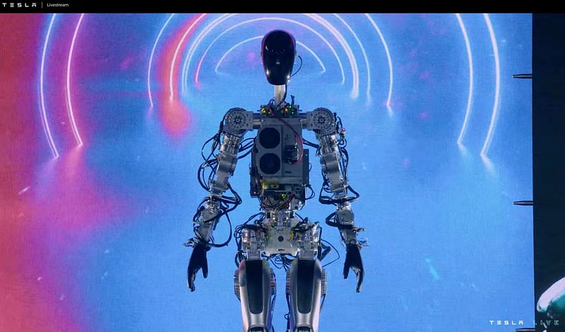 This video screen grab made from Tesla AI Day 2022 livestream shows the humanoid robot walking on stage in Palo Alto, California on 30 September, 2022.