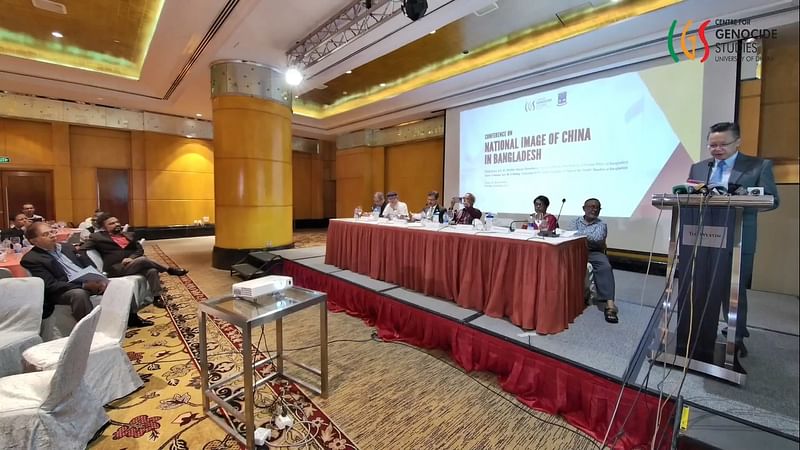 China's ambassador to Bangladesh Li Jiming speaks at a conference on National Image of China in Bangladesh at The Westin, Dhaka on 13 October 2022