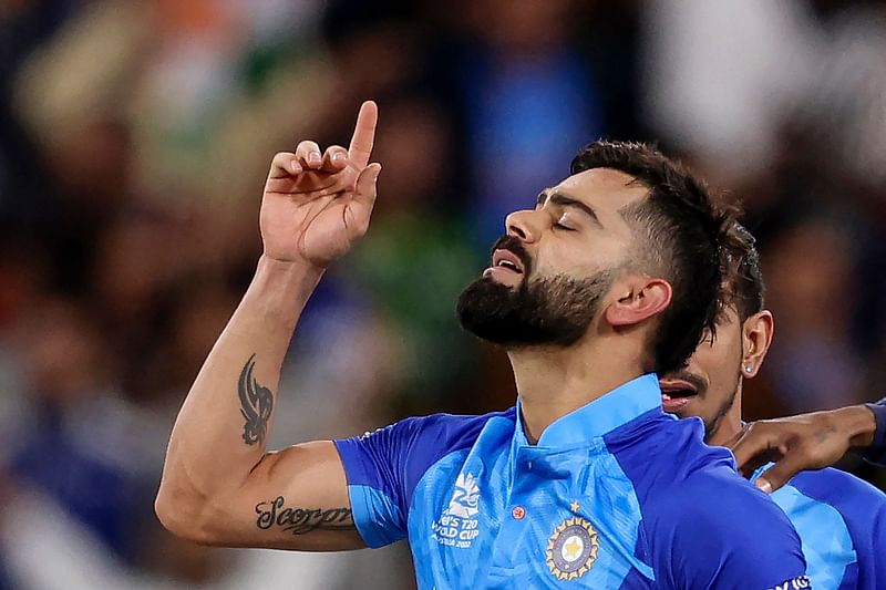 Virat Kohli thanks the heavens after India completed a four-wicket win over Pakistan in the Super 12 of the ICC T20 World Cup at the Melbourne Cricket Ground on 23 October, ,2022