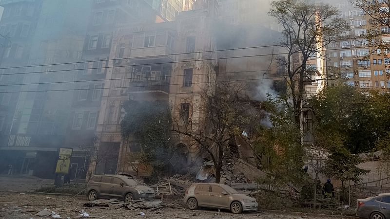 A view shows a residential building destroyed by a Russian drone strike, which local authorities consider to be Iranian-made Shahed-136 unmanned aerial vehicles (UAVs), amid Russia’s attack on Ukraine, in Kyiv, Ukraine on 17 October, 2022