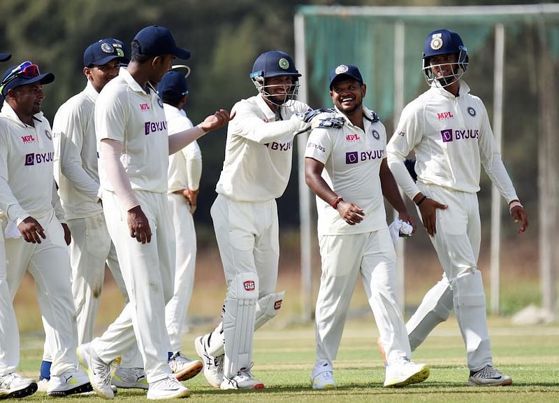 India A team celebrate after bowling out Bangladesh A team on Day one of their unofficial Test at the Sheikh Kamal International Cricket Stadium in Cox's Bazar on 29 November, 2022