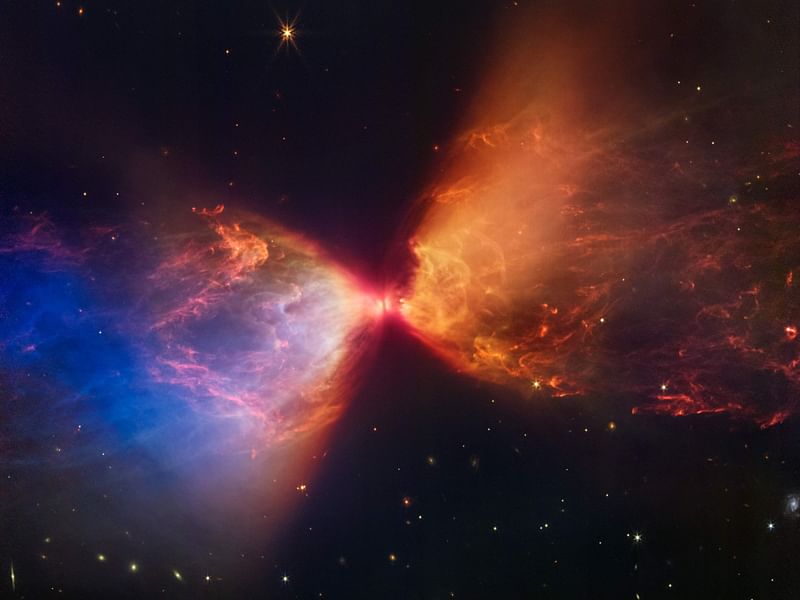 This undated composite handout image from NASA's James Webb Space Telescope Near-Infrared Camera (NIRCam) released by NASA and STScl, shows the Protostar within the dark cloud L1527 with ejections from the star above and below appear orange and blue in infrared view