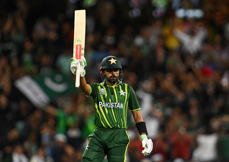 Pakistan's Captain Babar Azam celebrates after scoring a half-century (50 runs) during the ICC men's Twenty20 World Cup 2022 semi-final cricket match between New Zealand and Pakistan