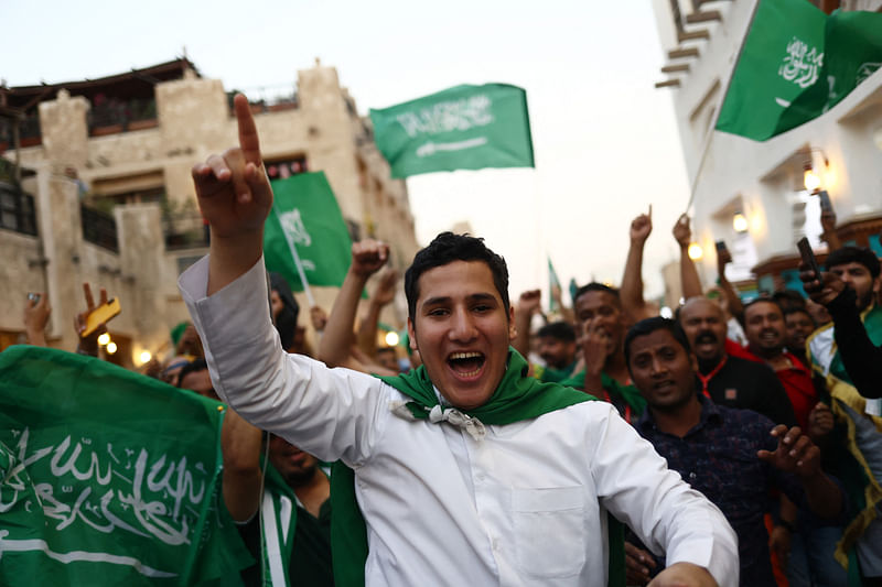 Saudi Arabia fans celebrate in Souq Waqif after the match between Saudia Arabia and Argentina in Doha, Qatar on 22 November, 2022