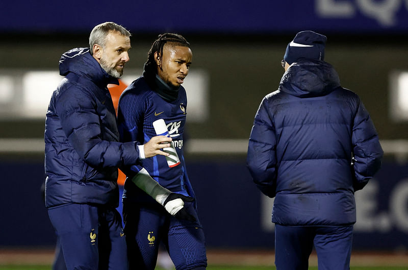 France's Christopher Nkunku after sustaining an injury during training at the INF Clairefontaine, Clairefontaine-en-Yvelines, France on 15 November, 2022