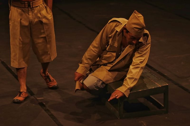 Chanchal Chowdhury in a scene from Aranyak Natyadal's popular play 'Rarang' at Shilpakala Academy.