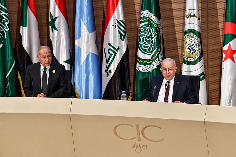 Algeria's foreign minister Ramtane Lamamra (R) speaks during during a press conference with Arab League Secretary-General Ahmed Aboul Gheit (L) at the closing ceremony of the 31st Arab League summit in Algeria's capital Algiers on 2 November 2022.