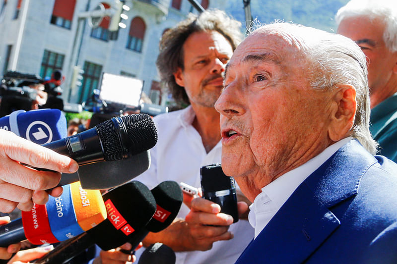 Former FIFA president Sepp Blatter speaks to the media after a trial at the Swiss Federal Criminal Court in Bellinzona, Switzerland on 8 July, 2022.