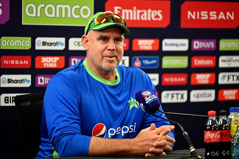 Pakistan’s coach Matthew Hayden speaks at a press conference, ahead of the first ICC men’s Twenty20 World Cup 2022 cricket semifinal match between Pakistan and New Zealand, in Sydney Cricket Ground (SCG) on 8 November, 2022