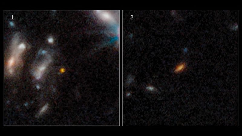 This handout image from NASA's James Webb Space Telescope Near-Infrared Camera (NIRCam) released by NASA and STScl on 17 November, 2022, shows a close up of two of the farthest galaxies seen to date of the outer regions of the giant galaxy cluster Abell 2744.