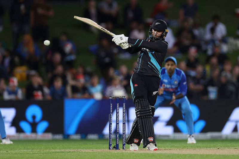 New Zealand's Devon Conway plays a shot during the third Twenty20 cricket match between New Zealand and India at McLean Park in Napier on 22 November, 2022.