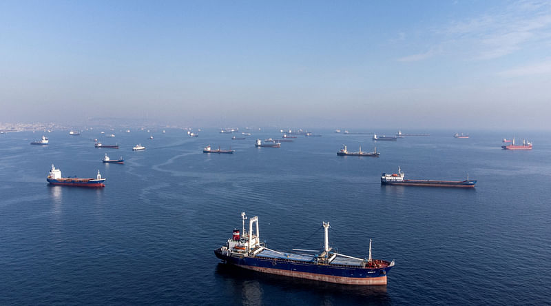 Commercial vessels including vessels which are part of Black Sea grain deal wait to pass the Bosphorus strait off the shores of Yenikapi in Istanbul.