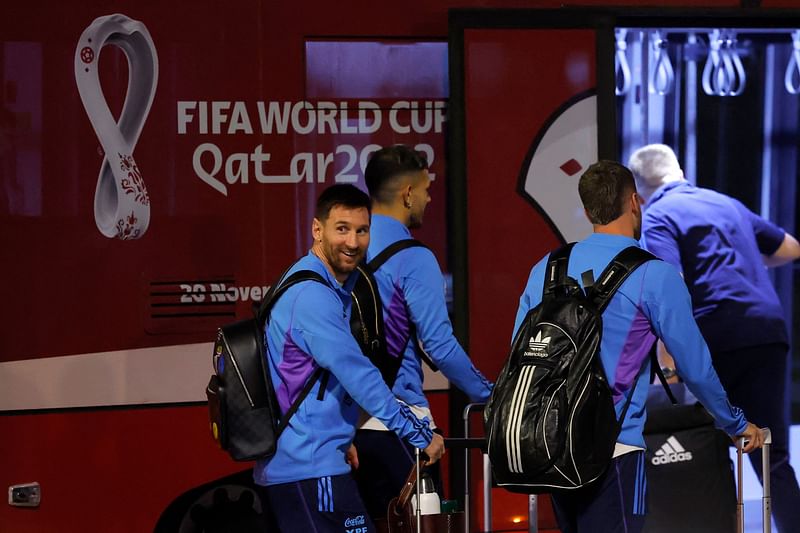 Argentina's forward Lionel Messi and teammates arrive at the Hamad International Airport in Doha on 17 November, 2022, ahead of the Qatar 2022 World Cup football tournament