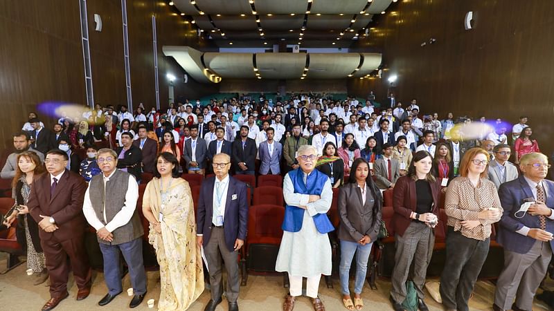 The event titled 'SDG Campaign-2022: Need for strong representation of youth and women' starts with singing national anthem at the auditorium of Krishibid Institution in Dhaka.