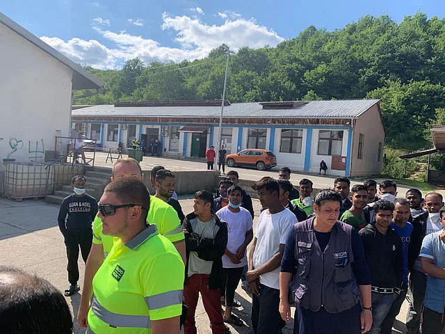 A group of irregular aspirant migrants at a temporary reception centre of International Organisation for Migration (IOM) on the outskirt of the capital Bosnia and Herzegovina. The picture was taken during the summer of 2021.