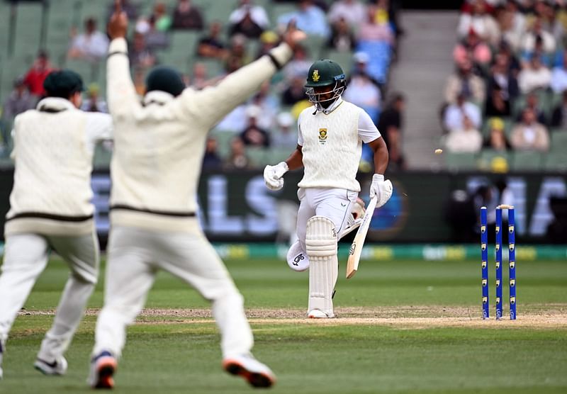 South African batsman Khaya Zondo is run out on the fourth day of the second cricket Test match between Australia and South Africa at the MCG in Melbourne on 29 December, 2022