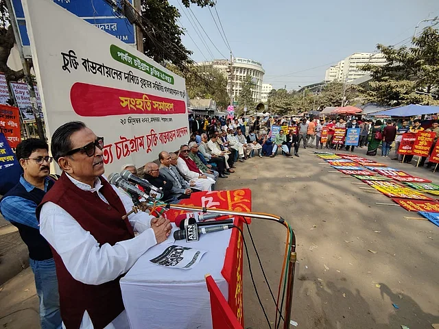 Rashed Khan Menon is addressing a rally organised by the Parbatya Chattogram Chukti Bastabayan Andolon