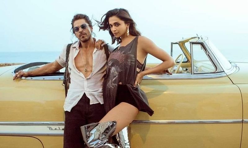 Bollywood actors Shah Rukh Khan and Deepika Padukone in a scene of their newly released song 'Jhoome Jo Paathan' from their upcoming film 'Paathan'.