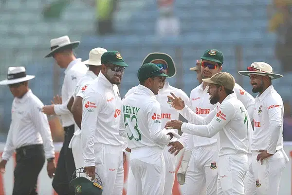 Bangladesh players celebrates after taking a wicket during the first Test between India and Bangladesh at the Zahur Ahmed Chowdhury Stadium in Chattogram