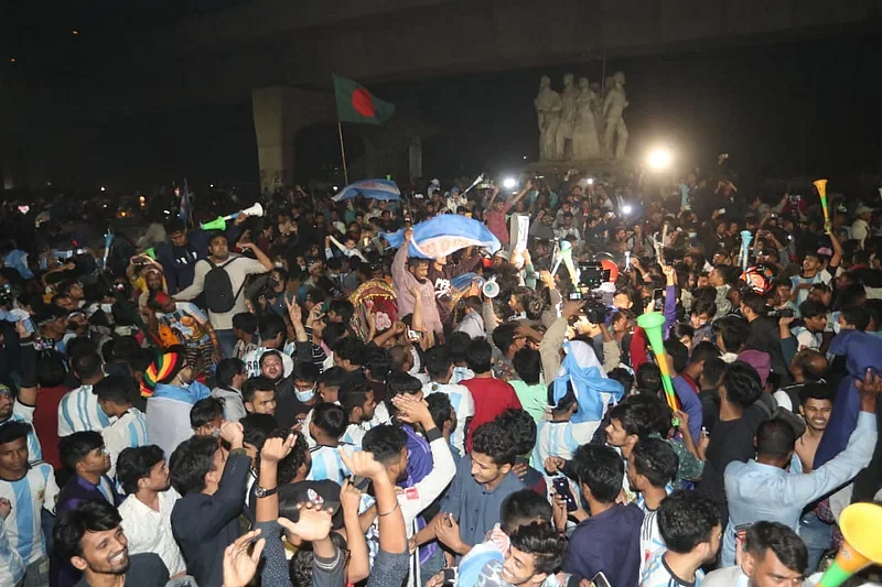 Fans celebrate at TSC area in Dhaka University after Argentina won the World Cup 2022