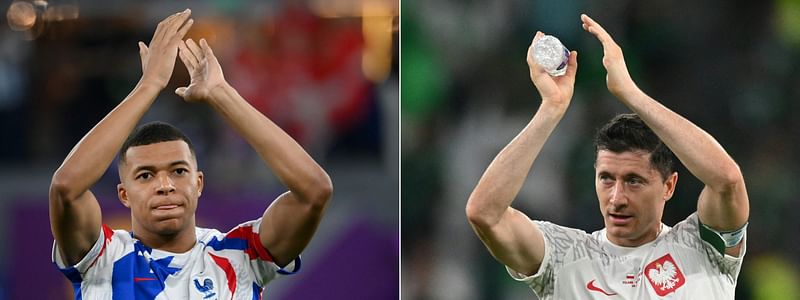 This combination of pictures created on December 03, 2022 shows France's forward #10 Kylian Mbappe (L) applauding before the start of the Qatar 2022 World Cup Group D football match between France and Denmark at Stadium 974 in Doha on 26 November, 2022 andPoland's forward #09 Robert Lewandowski (R) applauding after Poland won the Qatar 2022 World Cup Group C football match between Poland and Saudi Arabia at the Education City Stadium in Al-Rayyan, west of Doha on 26 November, 2022