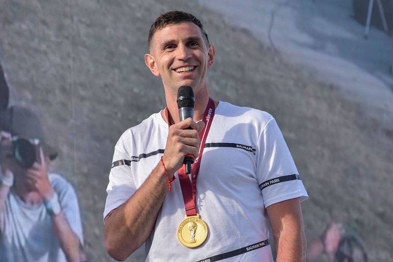 Argentine goalkeeper Emiliano Martinez speaks to fans in Mar del Plata, Argentina, during a tribute upon his return to his hometown after winning the Qatar 2022 World Cup tournament on 22 December, 2022