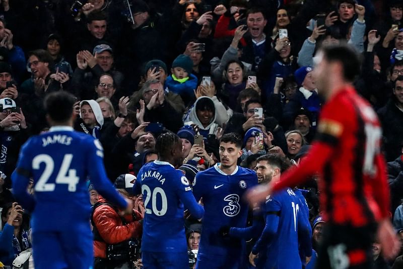 Chelsea's German midfielder Kai Havertz (C) celebrates with teammates after scoring his team first goal during the English Premier League football match between Chelsea and Bournemouth at Stamford Bridge in London on 27 December, 2022