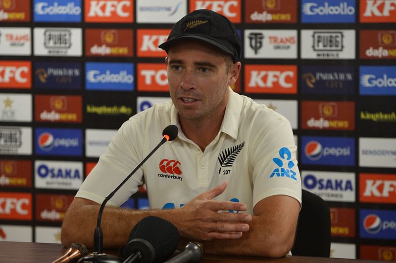 New Zealand's captain Tim Southee speaks during a media briefing on the eve of the first cricket Test match against Pakistan at the National Stadium in Karachi on 25 December, 2022