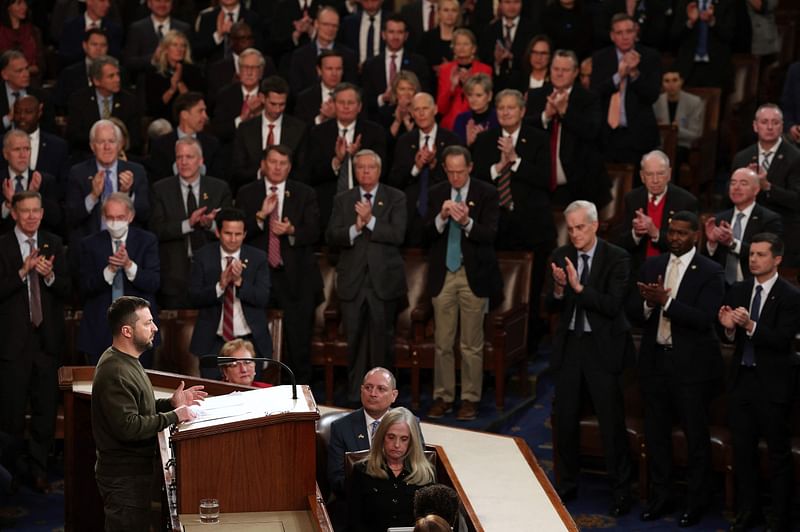 President of Ukraine Volodymyr Zelensky addresses a joint meeting of Congress in the House Chamber of the U.S. Capitol on 21 December, 2022 in Washington, DC