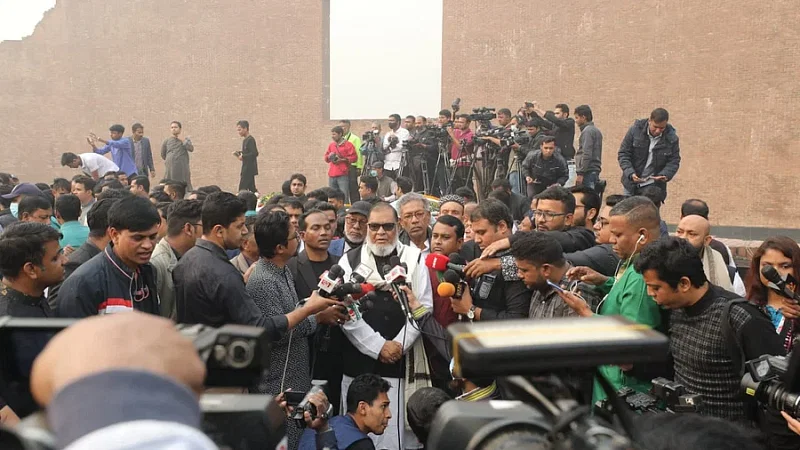 The minister for liberation war AKM Mozammel Haque talks to media after paying homage to martyred intellectuals memorial at Rayerbazar in Dhaka marking the Martyred Intellectuals Day on 14 December 2022