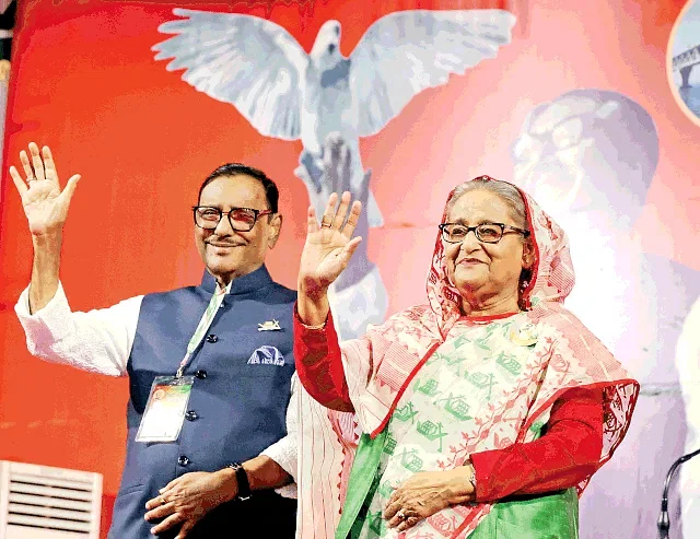 Awami League's newly elected president prime minister Sheikh Hasina and general secretary roads transport and bridges minister Obaidul Quader at the party's 22nd council