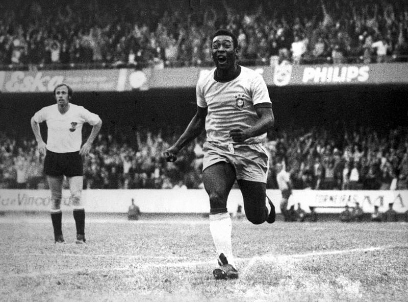 Pele celebrates after scoring for Brazil