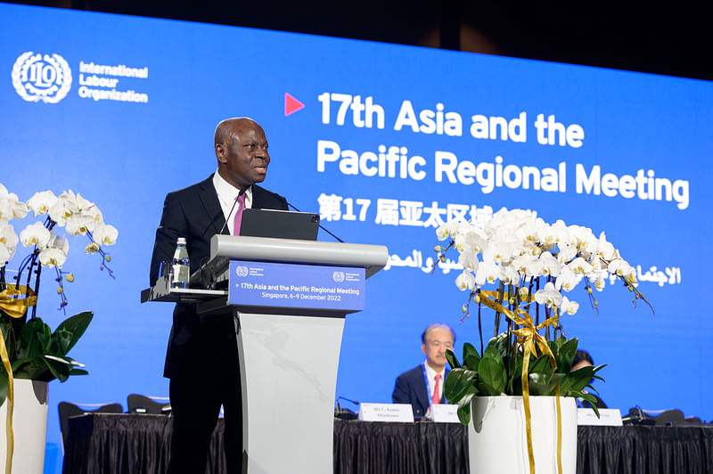 ILO director general Gilbert Hongbo speaks at the 17th Asia and the Pacific regional meeting  organised by ILO at a Singapore hotel on Tuesday.