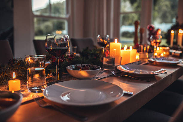 A decorated winter dinner party table.