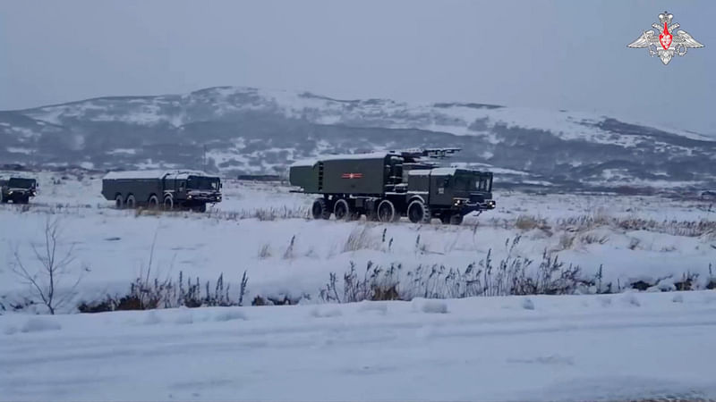 A view shows military vehicles of the Bastion coastal missile system that went on duty on the Kuril island of Paramushir, Russia, which is one of the islands claimed by Japan and also known as the Northern Territories, in this still image taken from video released on 5 December 2022.