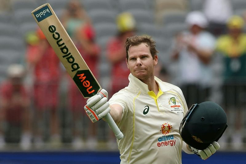 Steve Smith of Australia reacts after getting his century during the 2nd day of the first Test cricket match between Australia and the West Indies at Perth Stadium on 1 December, 2022